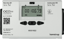 Billedet viser varmemåleren multical 603, en hvid kasse med et display og 3 knapper.